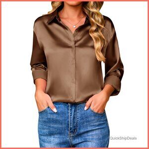 Satin Silk Blouse Button Down Shirt Long Sleeve Dressy Casual Top